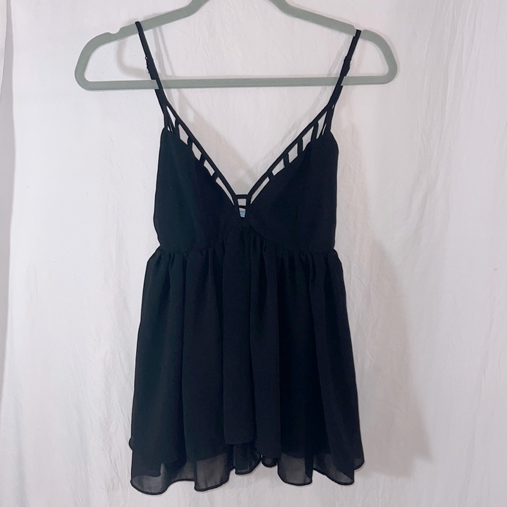 Black Strappy Tank Top with Flowy Bottom.